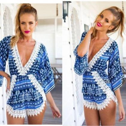 Blue Long Sleeve Lace Romper Sexy Jumpsuits