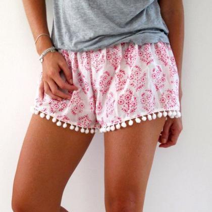 Bright Pink Patterned Pom Pom Shorts