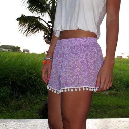 Purple Jungle Print Pom Pom Shorts