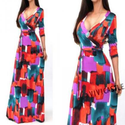 Bold Print Maxi Dress With Sleeves