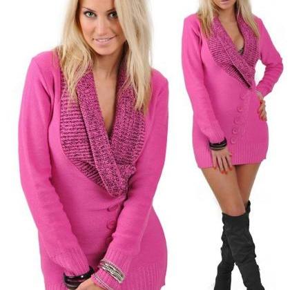 Knitted Sweater Neon Button Longpulli Wool Dress..