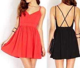 V-neck Criss-Cross Back Spaghetti Straps A-line Dress Rust