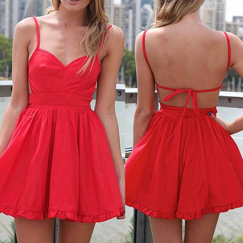 Spaghetti Strap Backless Red Skater Dress, Short Dress