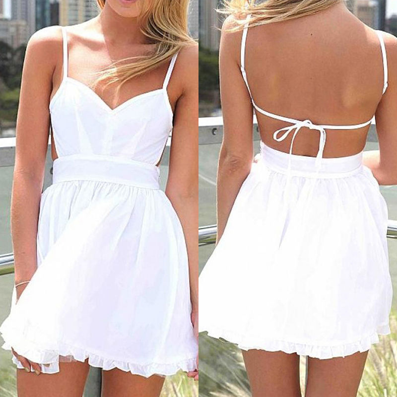 Spaghetti Strap Backless White Skater Dress, Short Dress