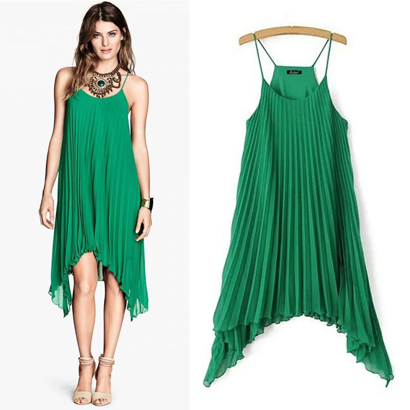 Green Spaghetti Strap Asymmetrical Pleated Dress on Luulla